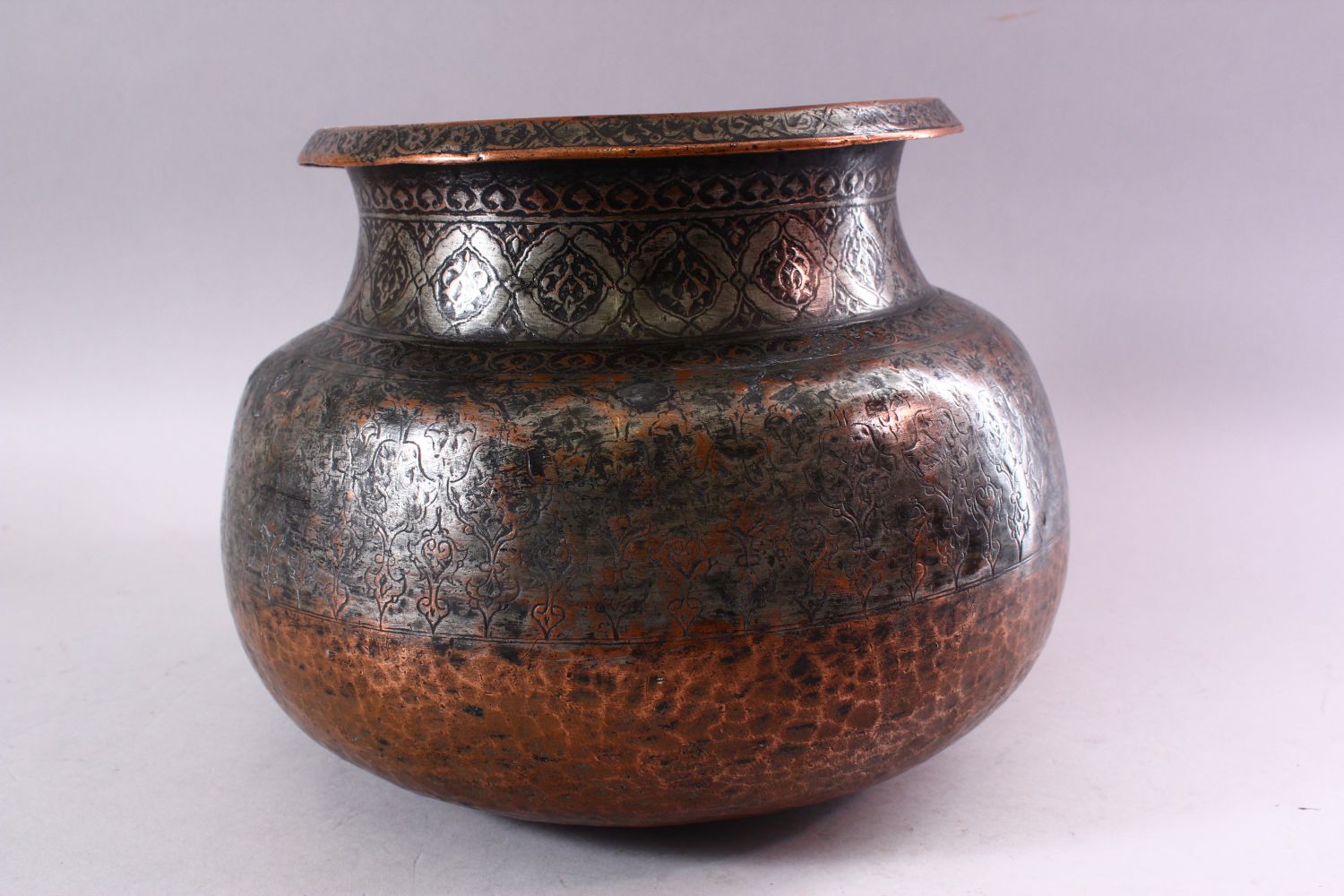 A 17TH CENTURY INDIAN TINNED COPPER LARGE CIRCULAR BOWL, with foliate engraved rim, the neck and - Image 3 of 6