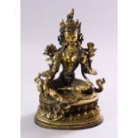 A TIBETAN GILT BRONZE FIGURE OF A SEATED FEMALE DIETY, on lotus pad, 24cm high.