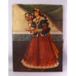 AN EARLY 20TH CENTURY INDIAN SCHOOL FULL LENGTH PORTRAIT OF A WOMAN carrying a dish and vase of