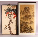 20TH CENTURY CHINESE SCHOOL, mountainous landscape with trees and buildings, signed, image 87cm x