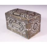 A GOOD 19TH CENTURY SYRIAN SILVER, COPPER AND BRASS RECTANGULAR CASKET, with panels of calligraphy