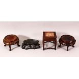 A CHINESE MINIATURE MARBLE TOP HARDWOOD STAND, 14cm high, a pair of circular stands and another