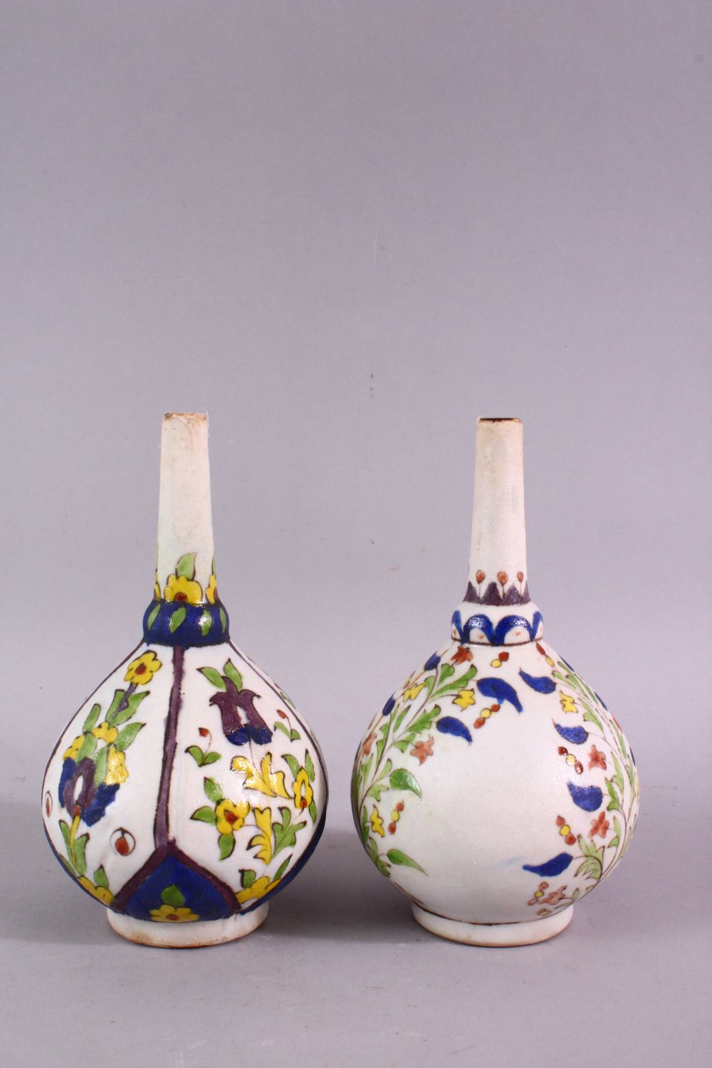 TWO ISLAMIC FLORAL DECORATED ROSEWATER SPRINKLERS, 15cm high. - Image 3 of 4