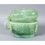 A LARGE 19TH / 20TH CENTURY CARVED JADE POT & COVER, carved in the form of a sauce boat, with a