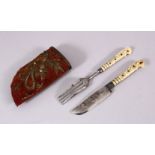 AN OTTOMAN BALKANS KNIFE AND FORK IN VELVET SCABBARD, with bone handles and inlaid brass stud, the