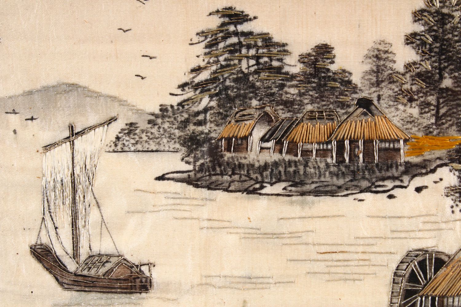 A 20TH CENTURY JAPANESE EMBROIDERED NEEDLE WORK PICTURE OF A LANDSCAPE. 45cm x 35cm. - Image 4 of 4