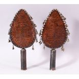 A GOOD PAIR OF 19TH CENTURY WHITE METAL JEWISH CEREMONIAL STAFF MOUNTS of spear tip form, glazed