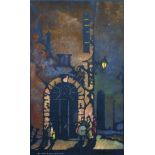 Joseph Chamberlain (20th century) British, A print of figures in a town square, 10" x 6".