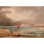 19th century French school, a coastal scene with a soldier walking along the promenade with boat and