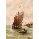 J. F. Slater, A continental port scene with shipping at full sail, oil on canvas, signed, 20" x