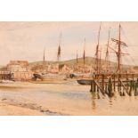 Walter Tyndale (1855-1943) British, A harbour scene with moored boats at low tide, watercolour,