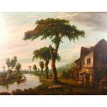 Early 19th century Continental School, A view of a riverside cottage with hills beyond, oil on