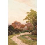 George Oyston (1861-1937) British, figure in a pathway before cottages, watercolour, signed and