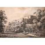 19th century, A castle landscape with two figures in the foreground, ink & wash, unframed, 10" x