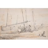 19th century, 'DEAL LUGGERS', A fishing port scene depicting boat and net maintenance, pencil