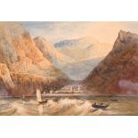 A coastal town surrounded by mountains, with sailing scene in the foreground, watercolour, unframed,