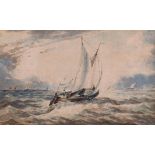 19th century school, a sailboat in choppy seas, watercolour, 3.5" x 5.5".