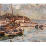 Gertrude Mary Coventry (1886-1964) Scottish, a Continental coastal scene with boats and figures