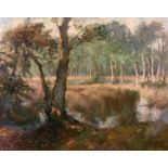 Edward Swan (b. 1935) British, 'A Forrest Interlude', a scene of trees around water, oil on board,