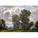 John Brown (20th century) Scottish, Trees in a cloudy landscape, oil on board, 10" x 14".