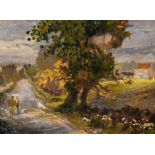 Jack Cross (early 20th century) Figures on a country path with houses in the distance, oil on board,