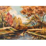 Canadian School, 20th century, Angler on a river in an autumn landscape, oil on board, 12" x 16"