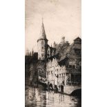 Etching of a canal scene, probably Bruges, indistinctly signed and inscribed, 12" x 6".