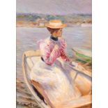 R. Caurte (20th century) An elegant Lady in a straw hat seated in a boat, oil on panel, signed, 7" x