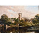 19th century English school, A church and buildings by a river, possibly Shortheath Road, Farnham,