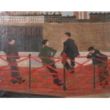 Modern British school, Figures leaning on railings with buildings beyond, oil on canvas, inscribed