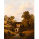 J. Andrews (19th century school) British, an angler on a mountain stream with a watermill and bridge