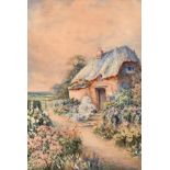 John Stannard (19th century) British, a thatched cottage with flowers in bloom, watercolour, sign,