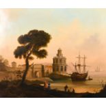 Early 19th century Continental School, A view of a ship moored in a bay with classical buildings,