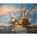 R. Potter 20th century, Naval ships at battle, oil on canvas, signed, unstretched and unframed, 20.