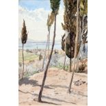 Follower of Edward Lear, A landscape of a Cyprian town on the horizon with trees in the