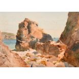Cecil Mary Leslie (1900-1980) British, A rocky coastal view near Sark, signed, inscribed verso, 10.