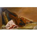 Early 20th century school, a still life study of a violin and sheet music, oil on canvas, 17" x 26.