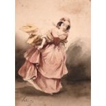 Two 19th century watercolours, the first depicting a lady in a pink dress, the second of a hunting