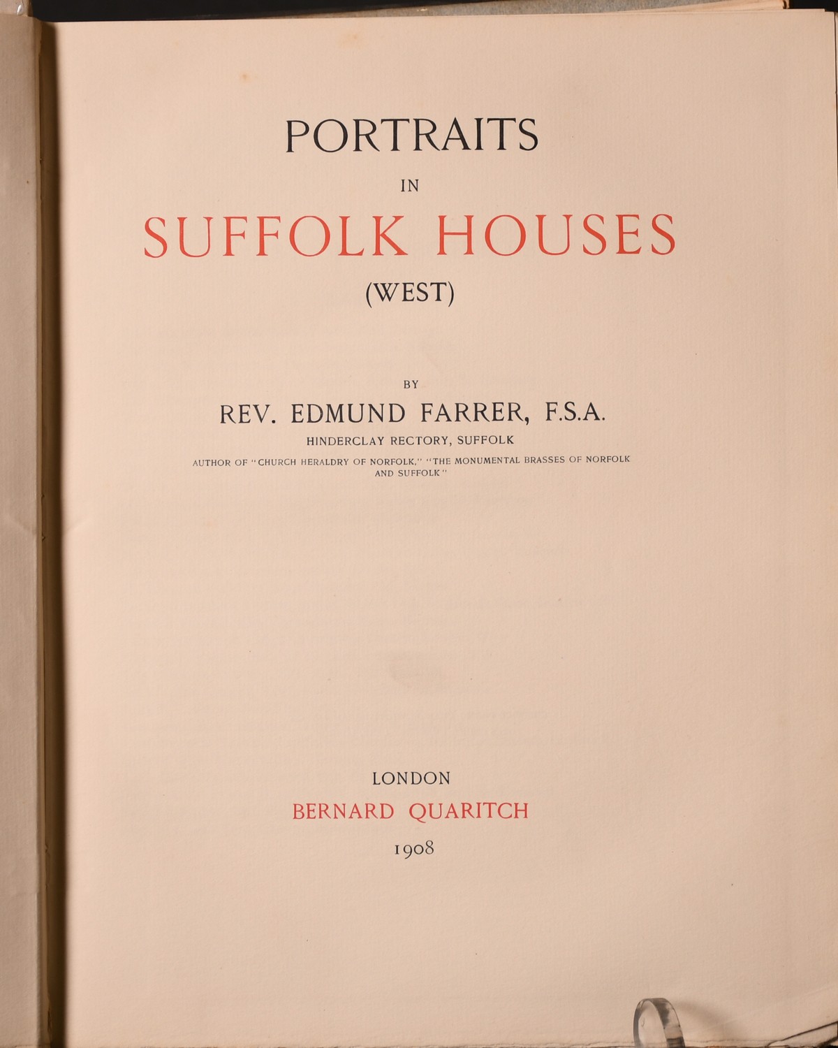 'PORTRAITS IN SUFFOLK HOUSES (WEST)'. By Rev. Edmund Farrer, F.S.A. Published by Bernard Quaritch - Image 2 of 2