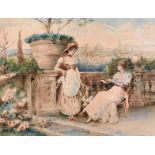 Circle of Glendenning, circa 1890, Two ladies on a terrace with a view of a continental city beyond,