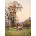 Benjamin Sigmund (1857-1947) British, A Shepherd and his flock beneath blossom, watercolour, signed,