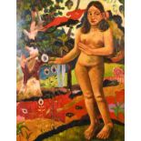 After Gauguin, A female nude in a colourful landscape, oil on canvas, 30" x 24".