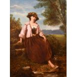 19th century school, A female resting by a river amongst wildflowers with a landscape beyond, oil on