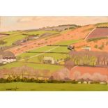 Robert Morson Hughes (1873-1953) British, A view of farm buildings amongst fields, oil on board,