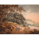 Style of Payne, A French scene of a path along a river with horse and cart, watercolour, monogramed,