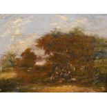 19th century English school, A scene of wayfarers at rest in a landscape, oil on mahogany panel,