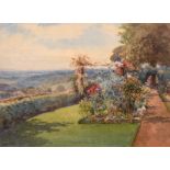 Arthur Mayrick (early 20th century) British, A garden scene with flowers and hedging along a path,