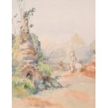 Burmese/Malayan school?, View of a monument in the grounds of the temple, watercolour. 11" x 8.5".