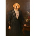 Early 20th century English school, An amusing portrait of a lady with a dog's head, oil on canvas,