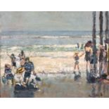 Ross Foster (20th/21st century), Figures on a beach with waves breaking beyond, oil on canvas,